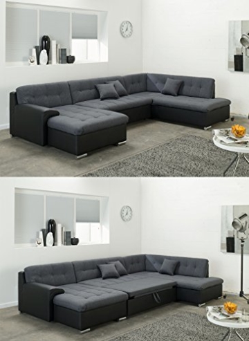 Wohnlandschaft, Couchgarnitur U-Form, ROCKY mit Schlaffunktion 325 x205cm schwarz/grau, Ottomane rechts -